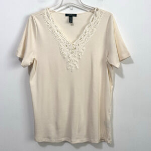 Lauren Ralph Lauren Tee Top 1X Cream Lace‎ V Neck Short Sleeve Casual Shirt Knit